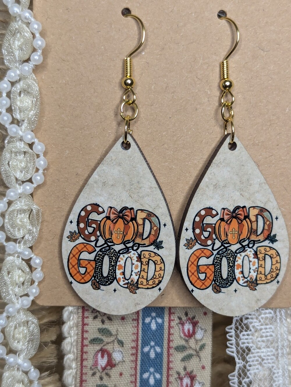 "God is so Good" Pumpkin Teardrop Earrings - Orange & Cream